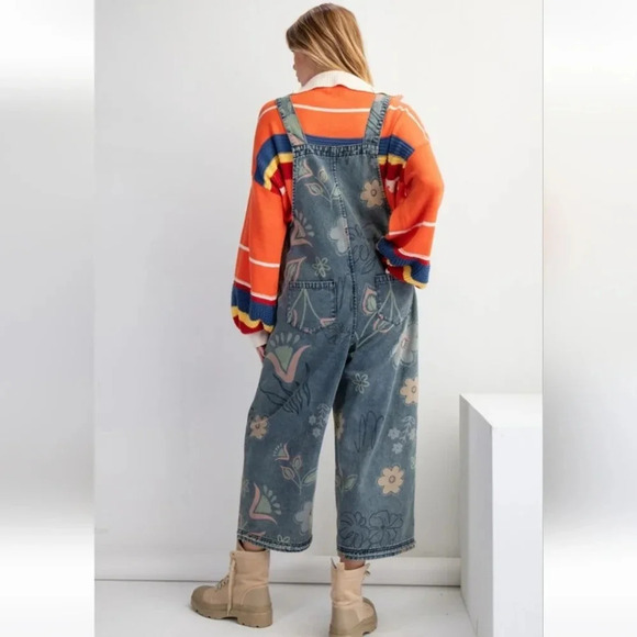 Easel Vintage Denim Washed Floral Flowers Overalls Jumpsuit New - Picture 5 of 6